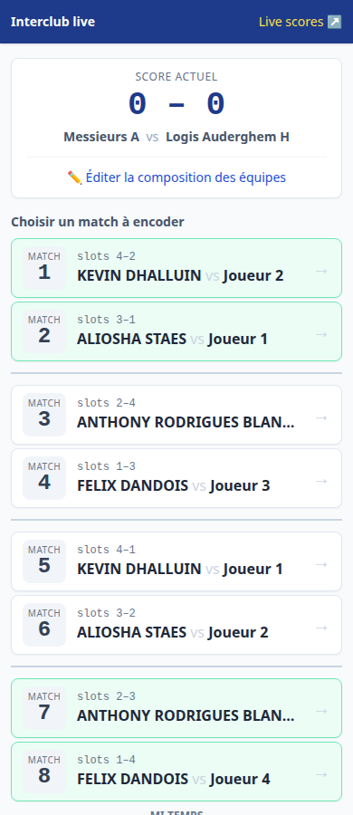 Liste des matches d'une rencontre, avec le score courant en haut et un bouton pour valider la feuille.